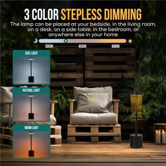 Cordless Table Lamps Set of 2 LED Rechargeable Dimmable USB Mood Light for Patio - Picture 5 of 7